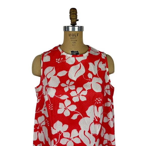 Vintage 70s Hawaiian Dress Womens Large Red Hibiscus Print Textured Shift Tiki - Picture 3 of 10